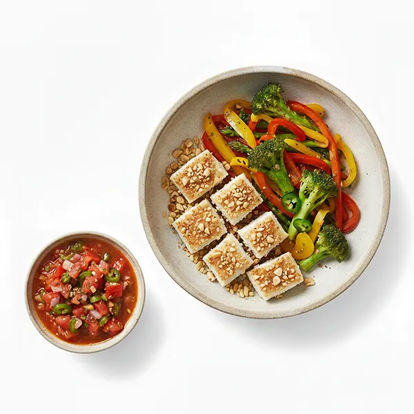 Macadamia Crusted Fish With Garlic Veggies & Salsa